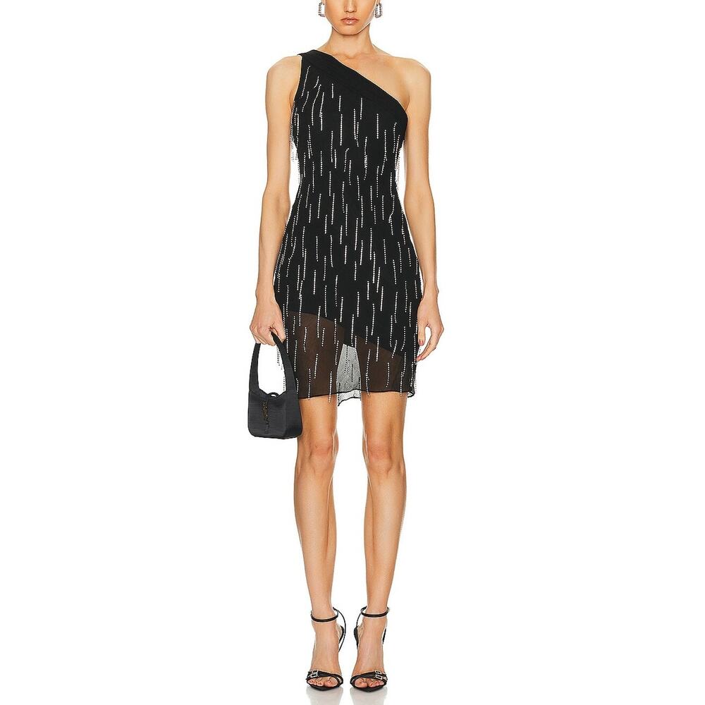 Fleur Du Mal Beaded Black One Shoulder Dangling Stones Dress Size S NWT